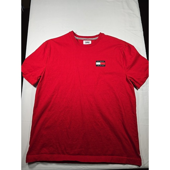 Vintage Y2K Tommy Hilfiger Mens XL Short Sleeve Shirt Red Chest Logo Patch